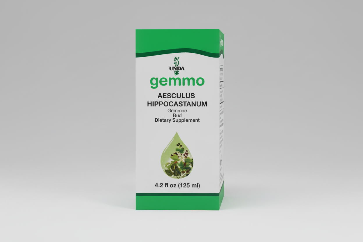 Box of UNDA gemmo Aesculus Hippocastanum dietary supplement with green and white design.