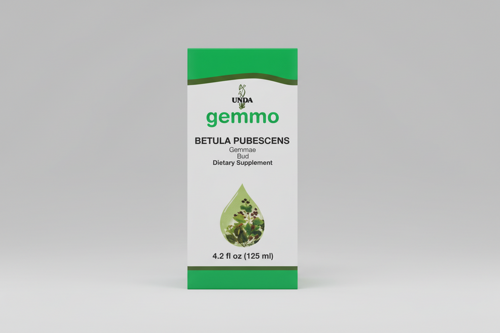 Box of UNDA gemmo Betula Pubescens dietary supplement with green and white design.