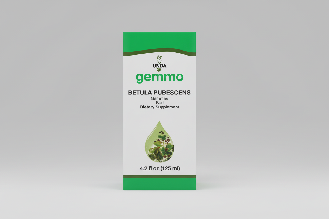 Box of UNDA gemmo Betula Pubescens dietary supplement with green and white design.