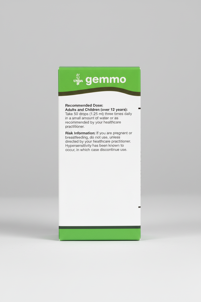 Gemma UNDPA label with recommended dose and risk information on a white background