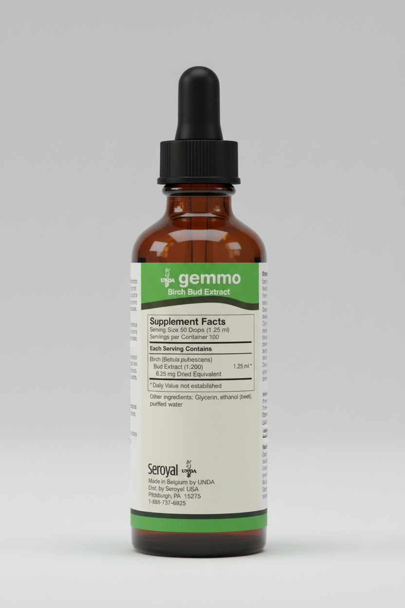 Supplement facts label for gemmo product by UNDA with green and white design.