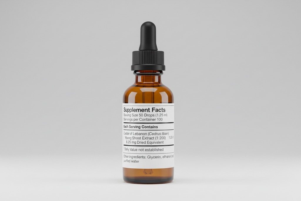 Supplement facts label for a product containing Cedar of Lebanon extract.