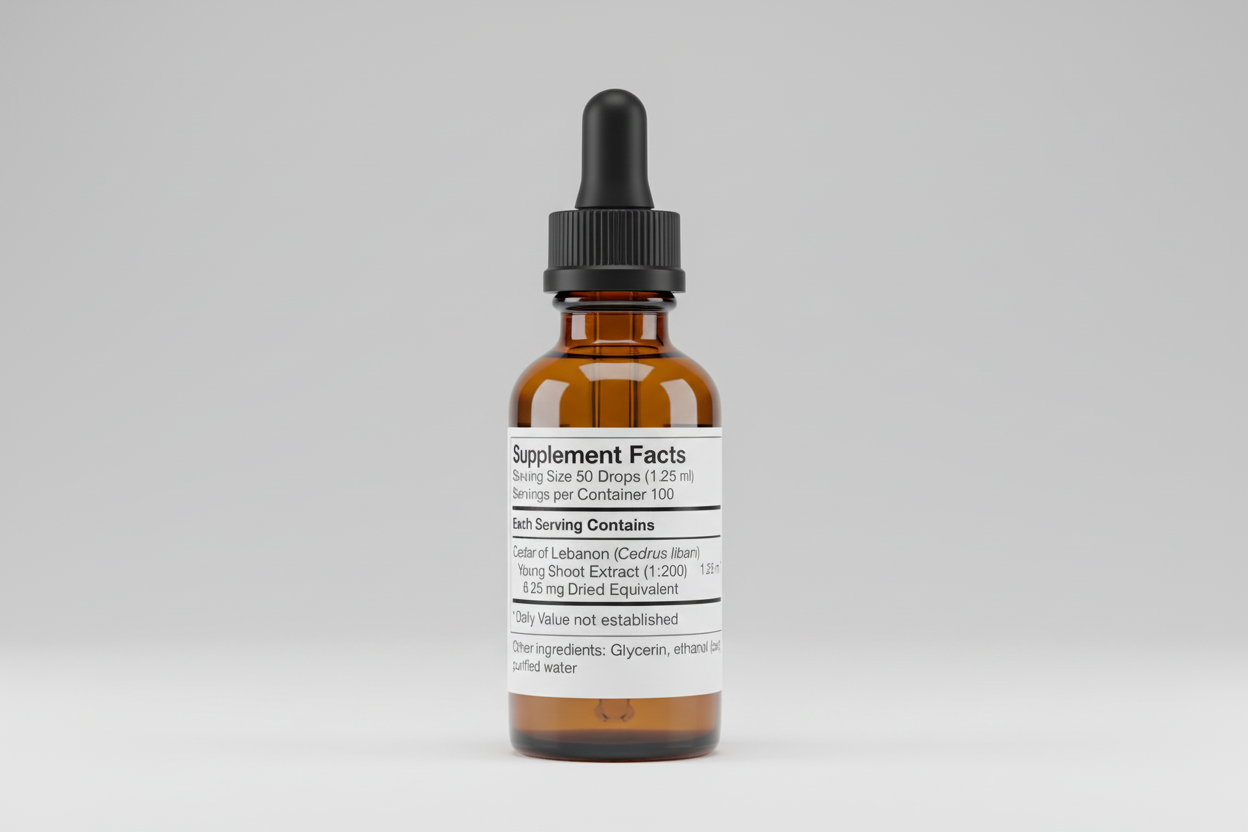 Supplement facts label for a product containing Cedar of Lebanon extract.