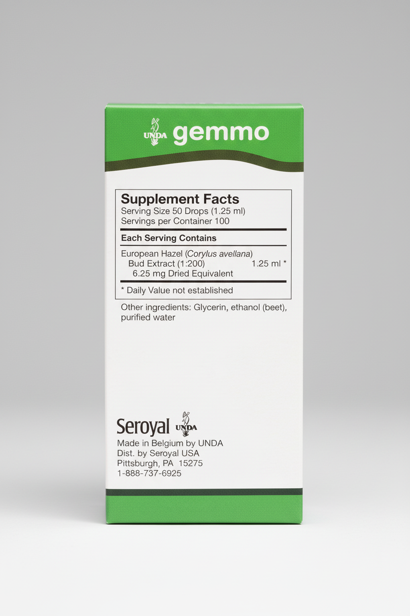 Supplement facts label for gemmo product with UNDA branding