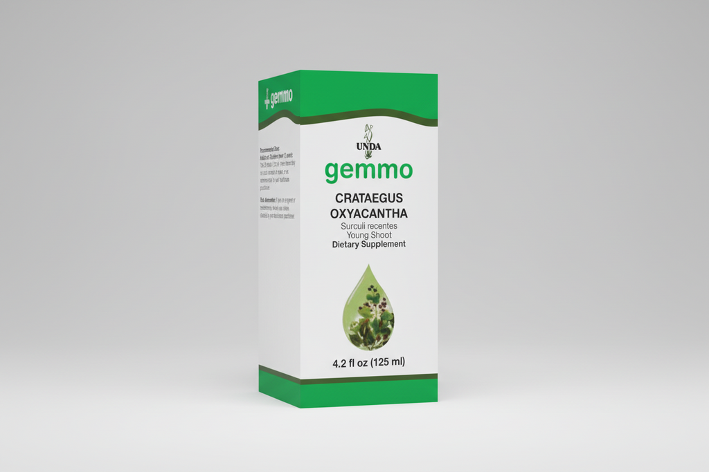 Supplement packaging for UNDA gemmo Crataegus Oxyacantha on a white background