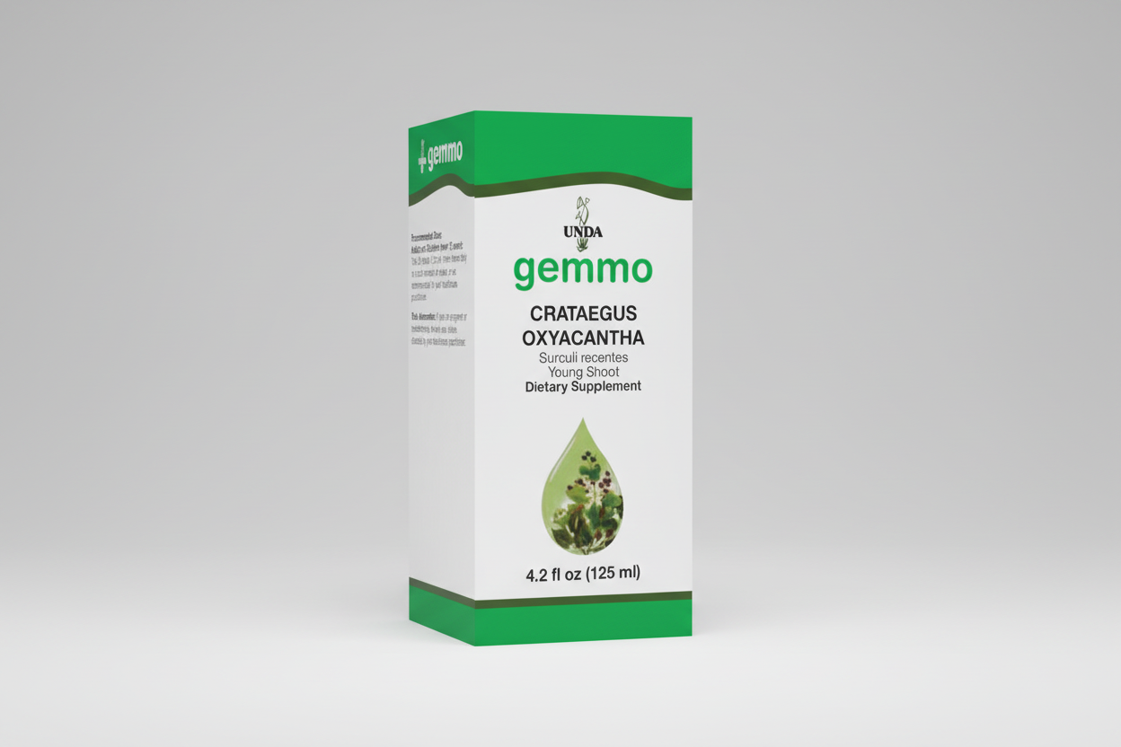 Supplement packaging for UNDA gemmo Crataegus Oxyacantha on a white background