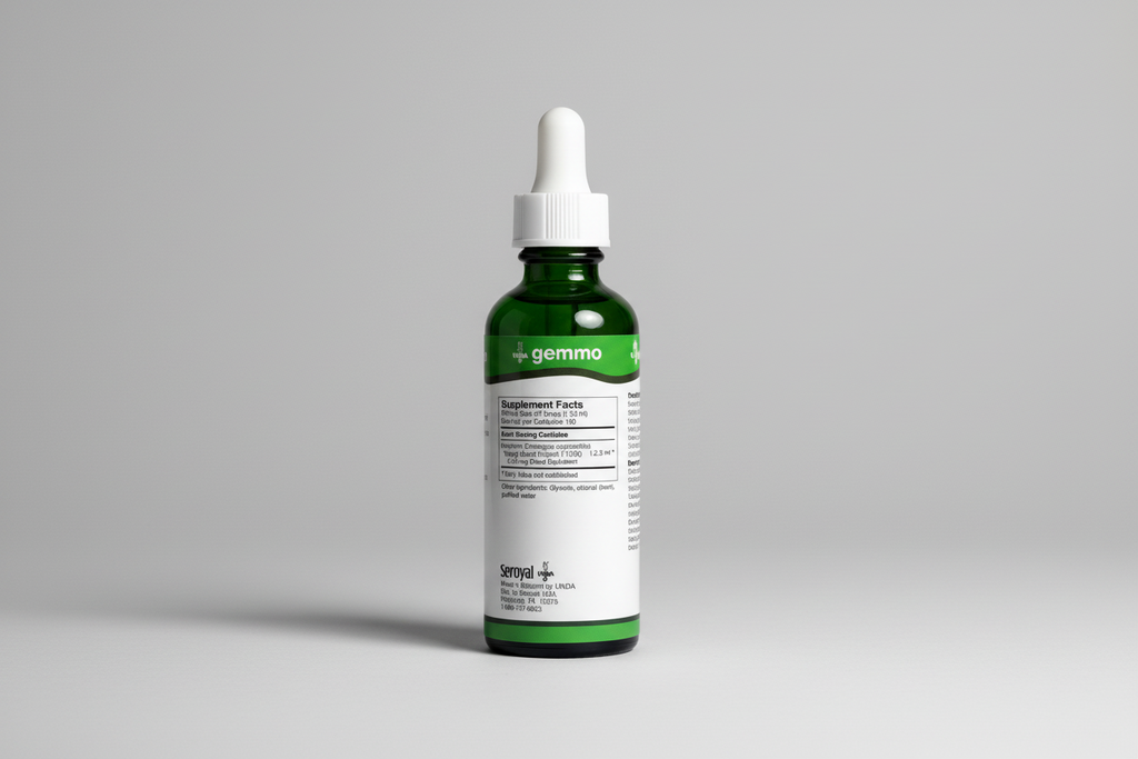 Supplement facts label for gemmo by UNDA with Seroyal branding.