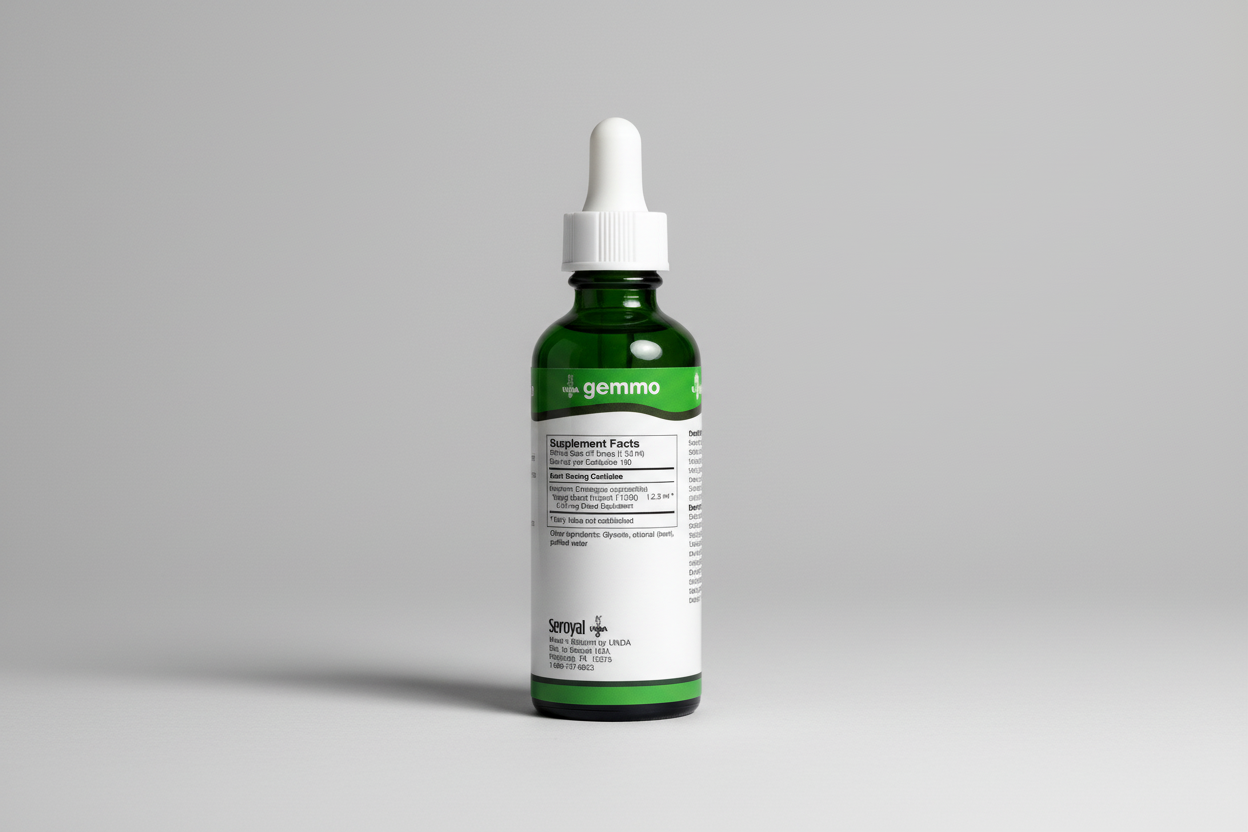 Supplement facts label for gemmo by UNDA with Seroyal branding.