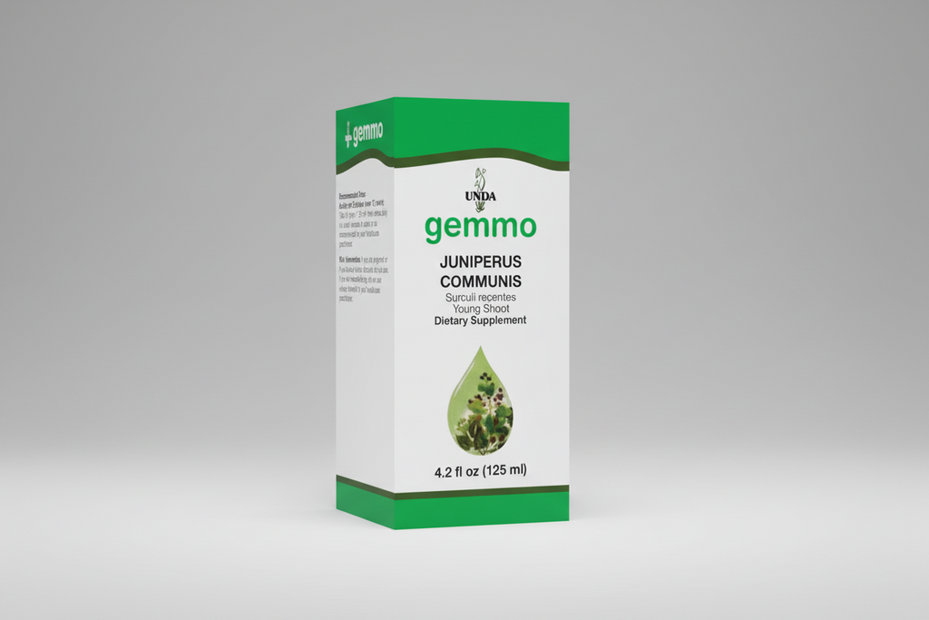 Gemma dietary supplement packaging with Juniperus Communis on a white background