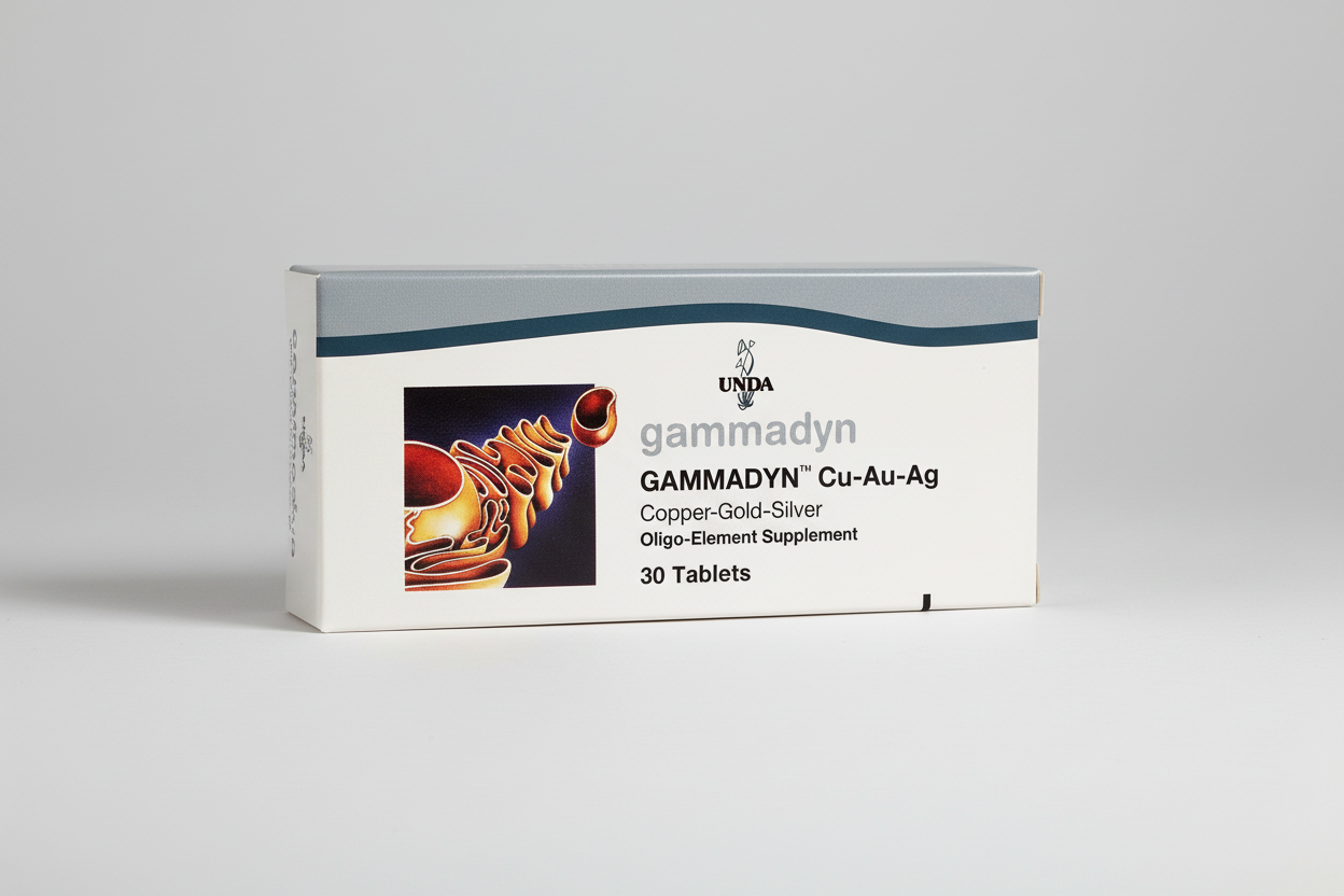 Box of Gammadyn Cu-Au-Sg supplement by UNDA with a depiction of a gland on the label.