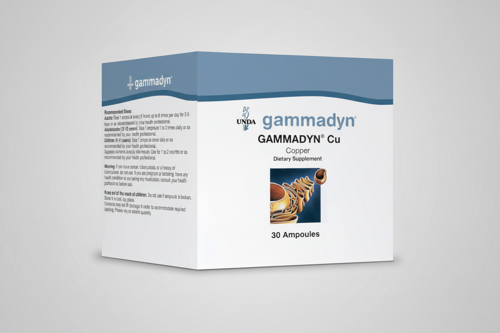 Gammadyn dietary supplement box with ampoules on a white background
