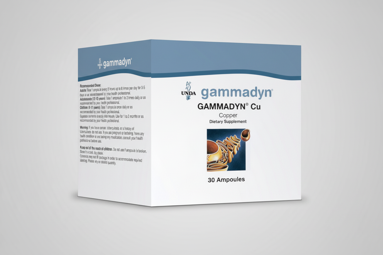 Gammadyn dietary supplement box with ampoules on a white background