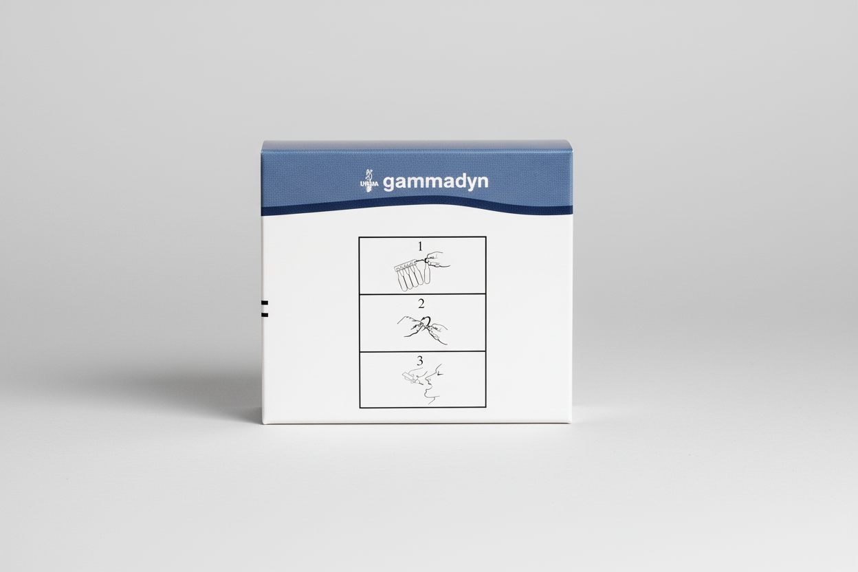 Gammadyn product packaging with usage instructions on a white background