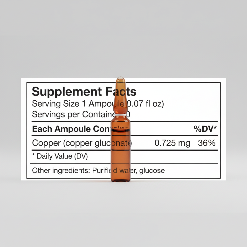 Supplement facts label for a copper supplement with serving size, servings per container, and ingredient details.