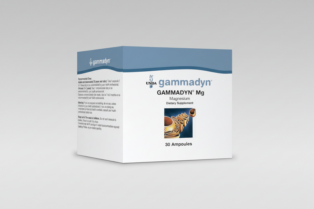 Gammadyn magnesium dietary supplement box with branding and product details.