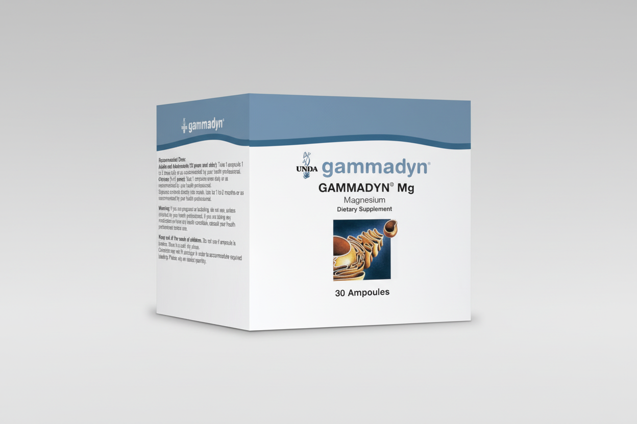 Gammadyn magnesium dietary supplement box with branding and product details.