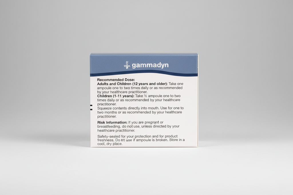 Gammadyn medication packaging with dosing instructions and risk information.