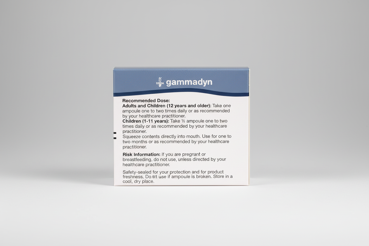 Gammadyn medication packaging with dosing instructions and risk information.
