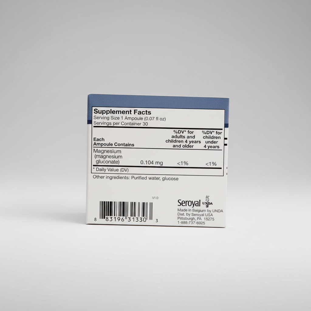 Supplement facts label for a magnesium supplement with Seroyl and UNDA branding.