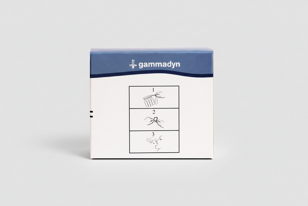 Gammadyn product packaging with usage instructions on a white background