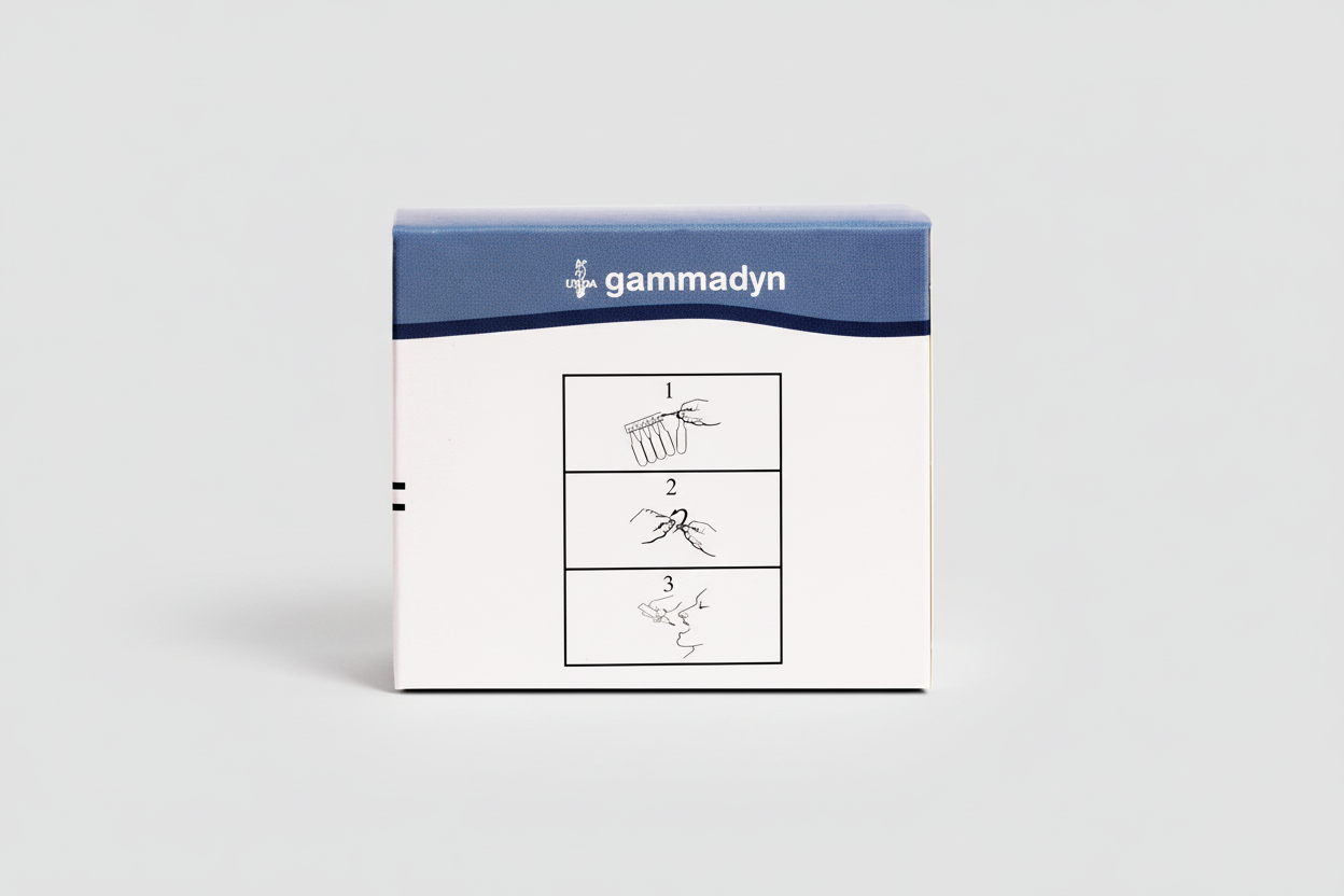Gammadyn product packaging with usage instructions on a white background