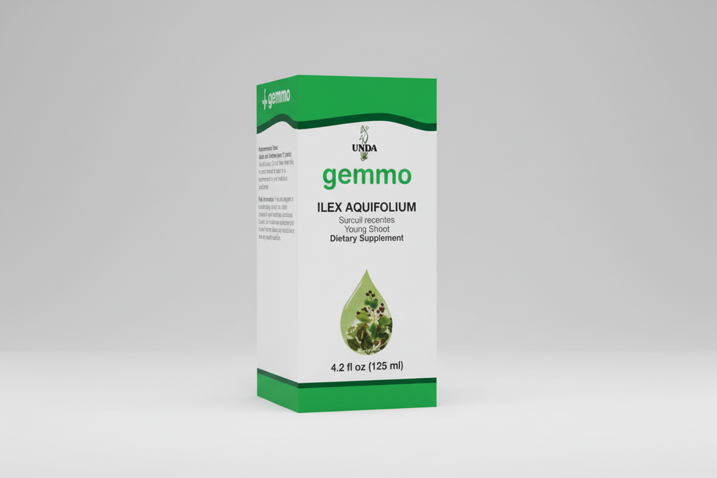Supplement bottle labeled 'Gemma' with UNDA branding and Ilex Aquifolium information.