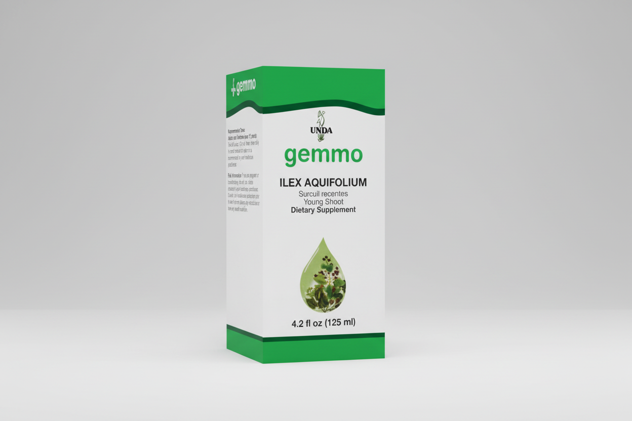Supplement bottle labeled 'Gemma' with UNDA branding and Ilex Aquifolium information.