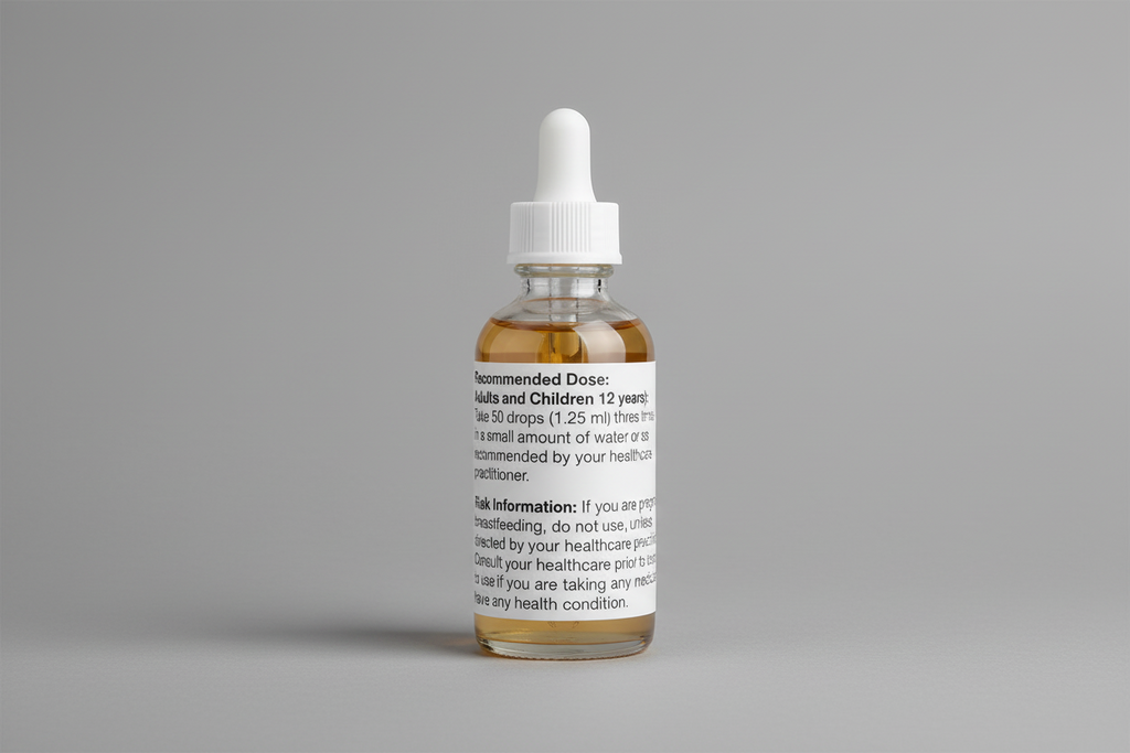 Text displaying recommended dose and risk information for a product.