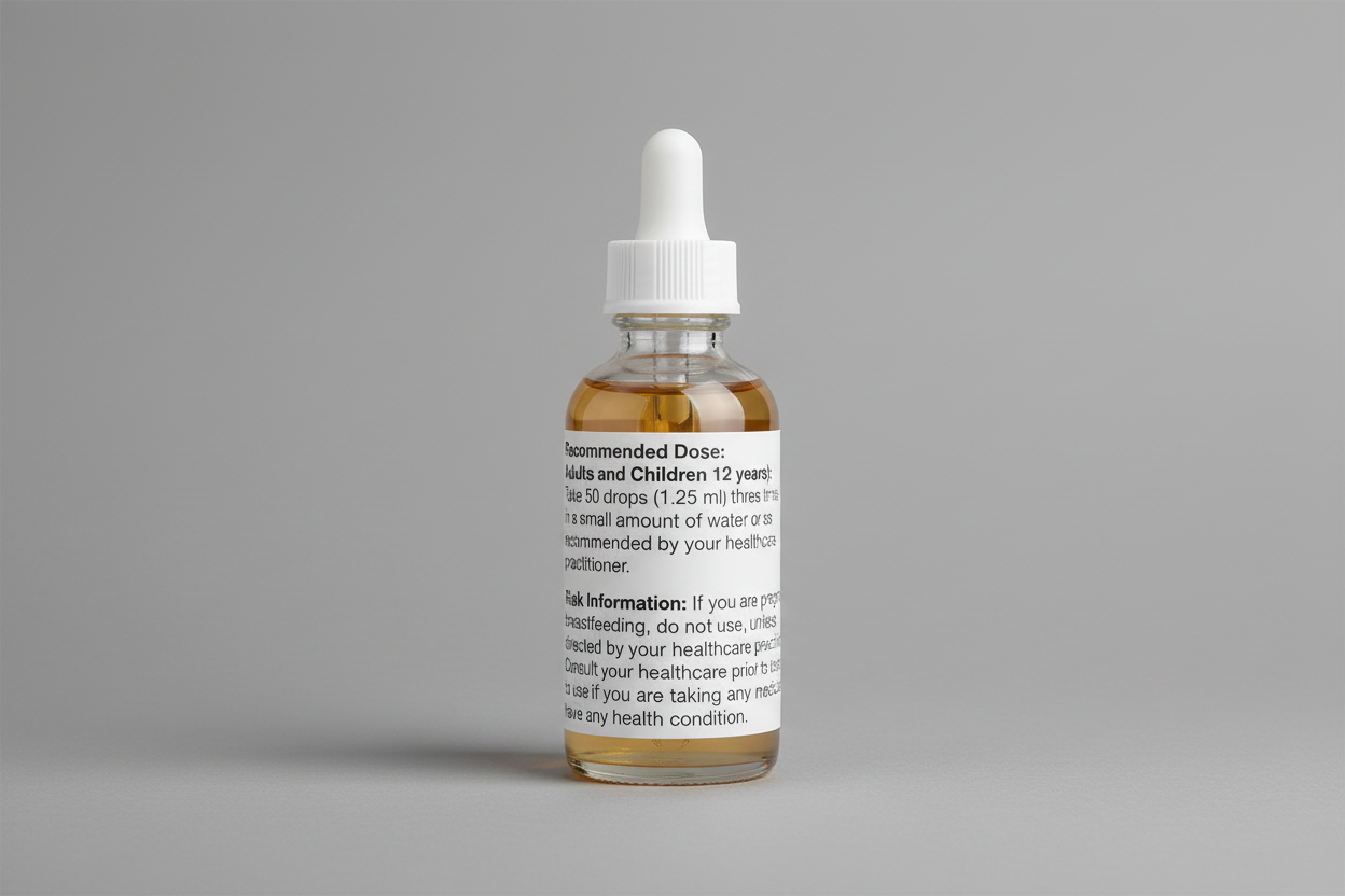 Text displaying recommended dose and risk information for a product.
