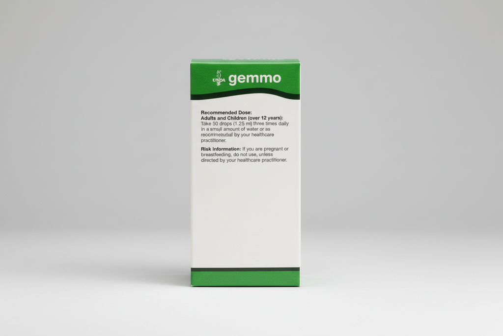 Gemma UNDA product label with recommended dose and risk information on a white background