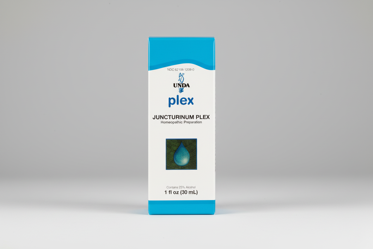 Box of Unda Juncturinum Plex homeopathic preparation with blue and white design.