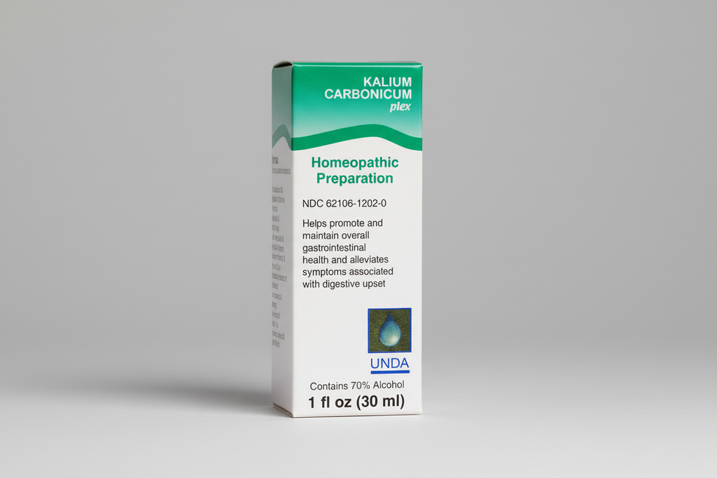 Box of UNDA Kalium Carbonicum plex homeopathic preparation on a white background