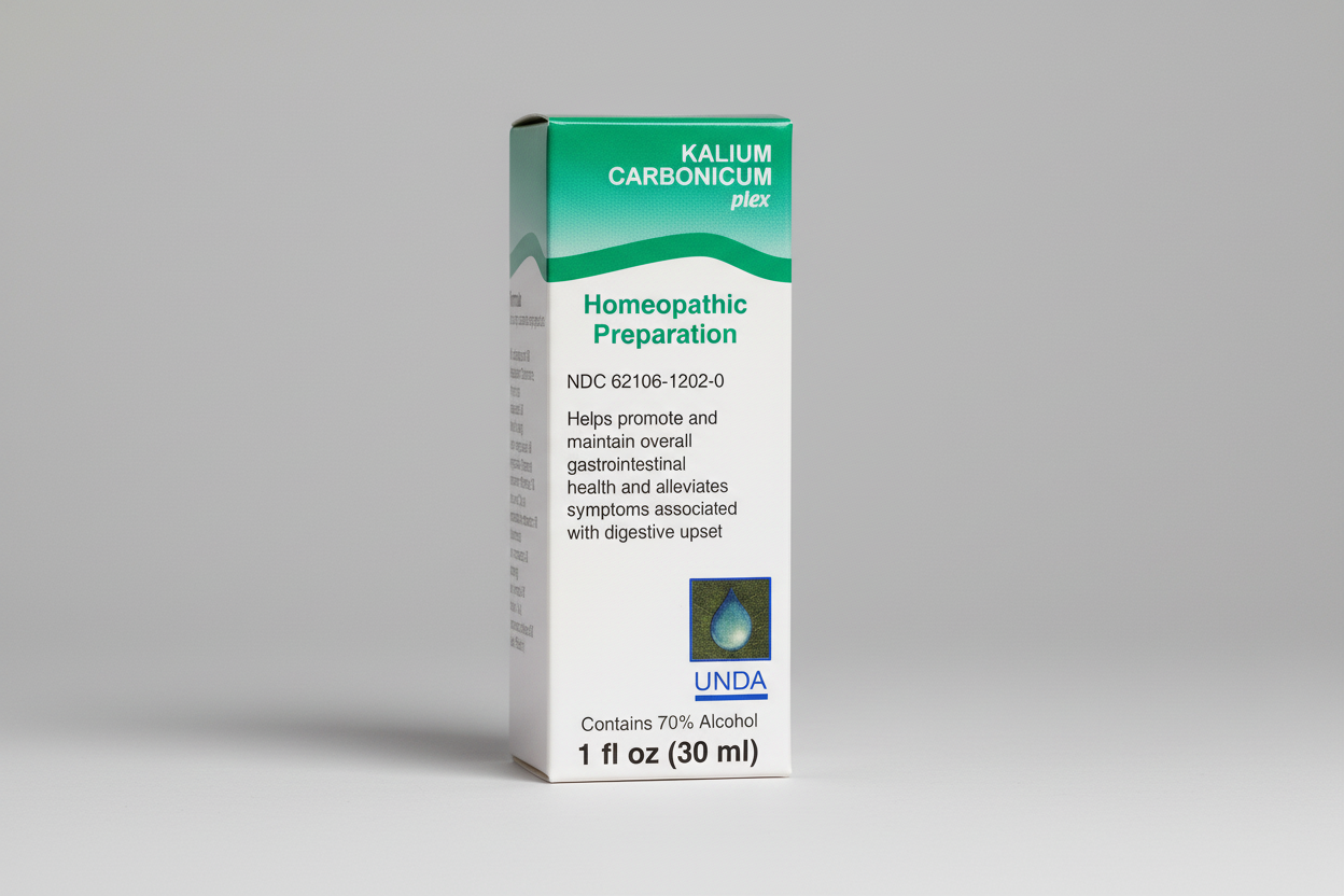 Box of UNDA Kalium Carbonicum plex homeopathic preparation on a white background