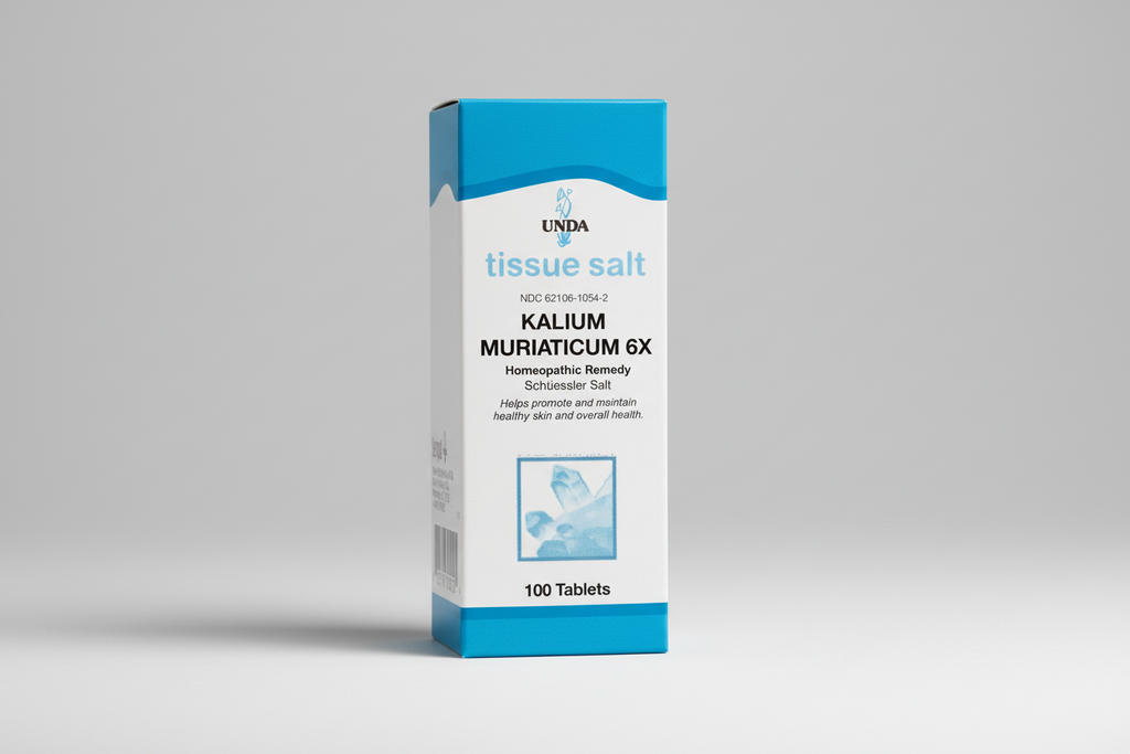 Box of UNDA Kalium Muriaticum 6X tissue salt homeopathic remedy on a white background