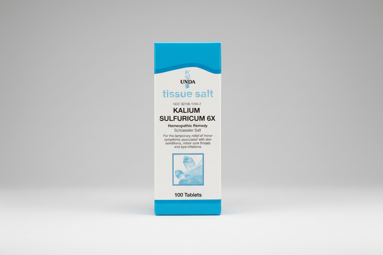 Box of UNDA Kalium Sulfuricum 6X tissue salt with blue and white design.