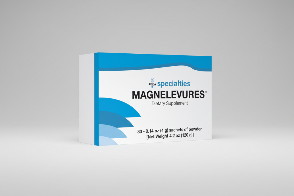 Box of UNDA Magnelevures dietary supplement with blue and white design.