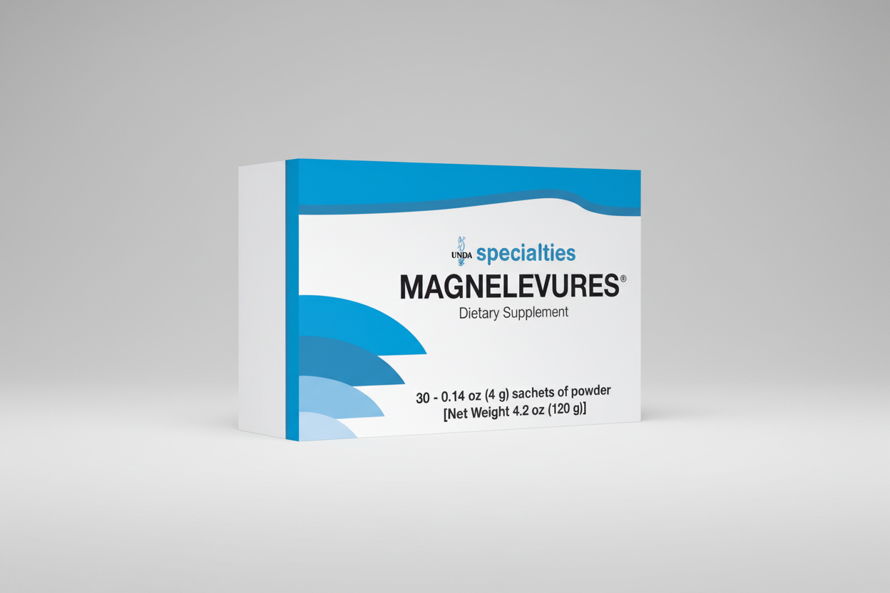 Box of UNDA Magnelevures dietary supplement with blue and white design.