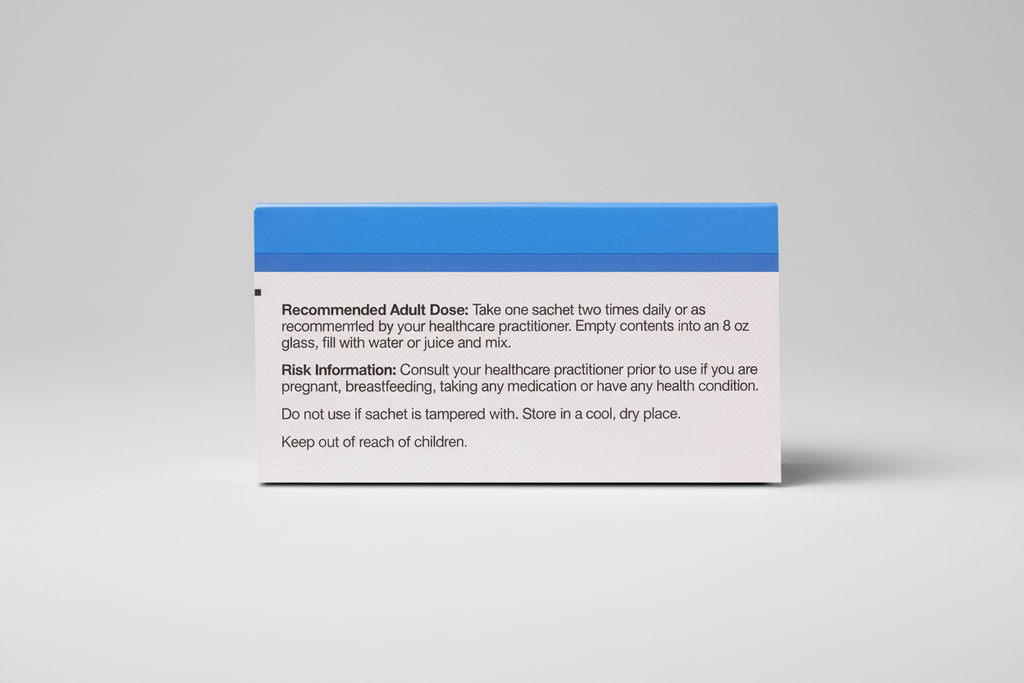 Medication package with dosing instructions and risk information on a white background
