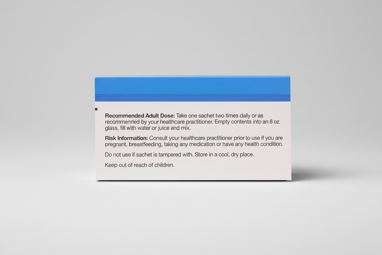 Medication package with dosing instructions and risk information on a white background