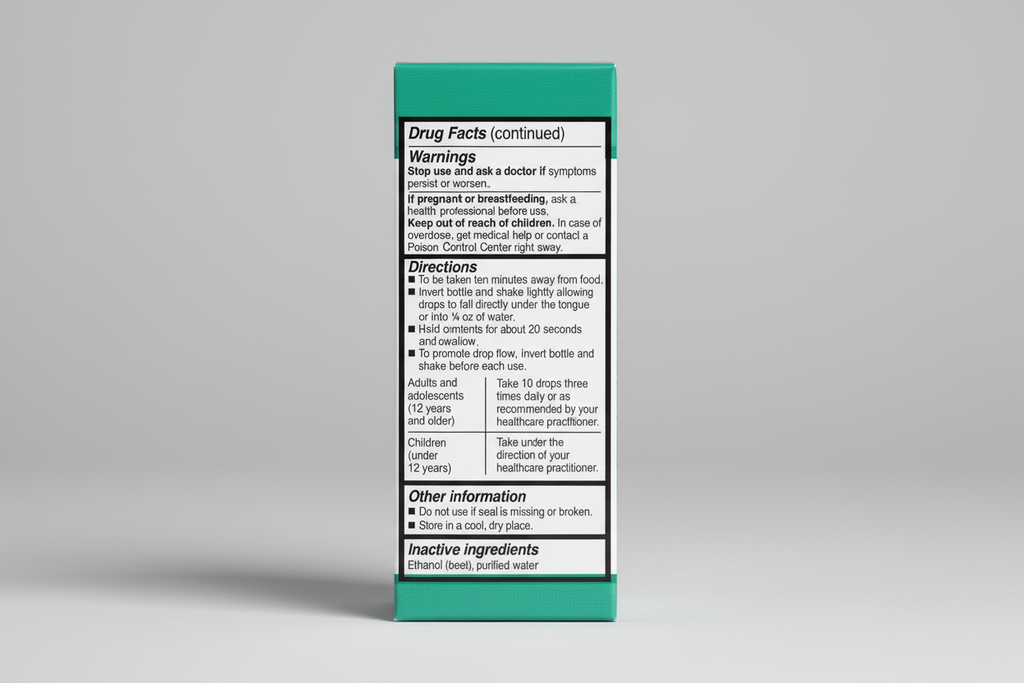 Drug facts label with text on a green background