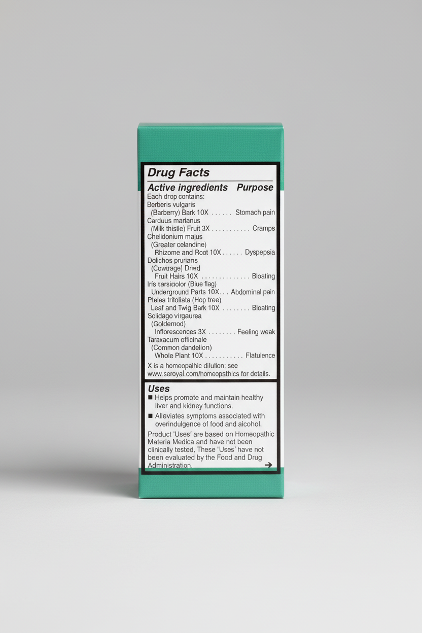 Drug facts label for a homeopathic product with active ingredients and uses listed.