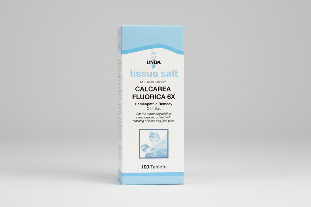 Box of UNDA Calcarea Fluorica 6X tissue salt with blue and white design.