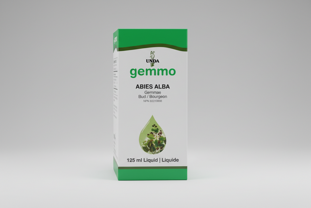 Box of UNDA gemmo Abies Alba liquid supplement with green and white design.