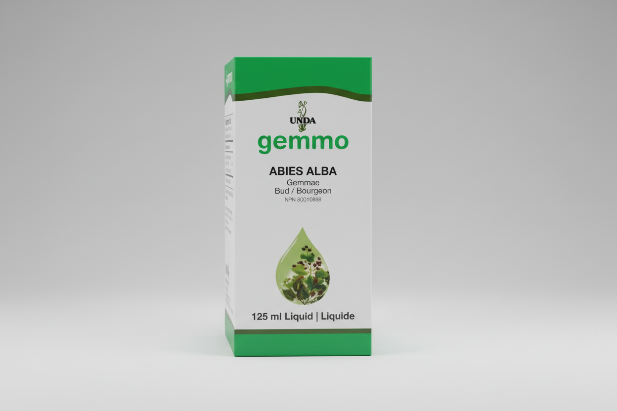 Box of UNDA gemmo Abies Alba liquid supplement with green and white design.