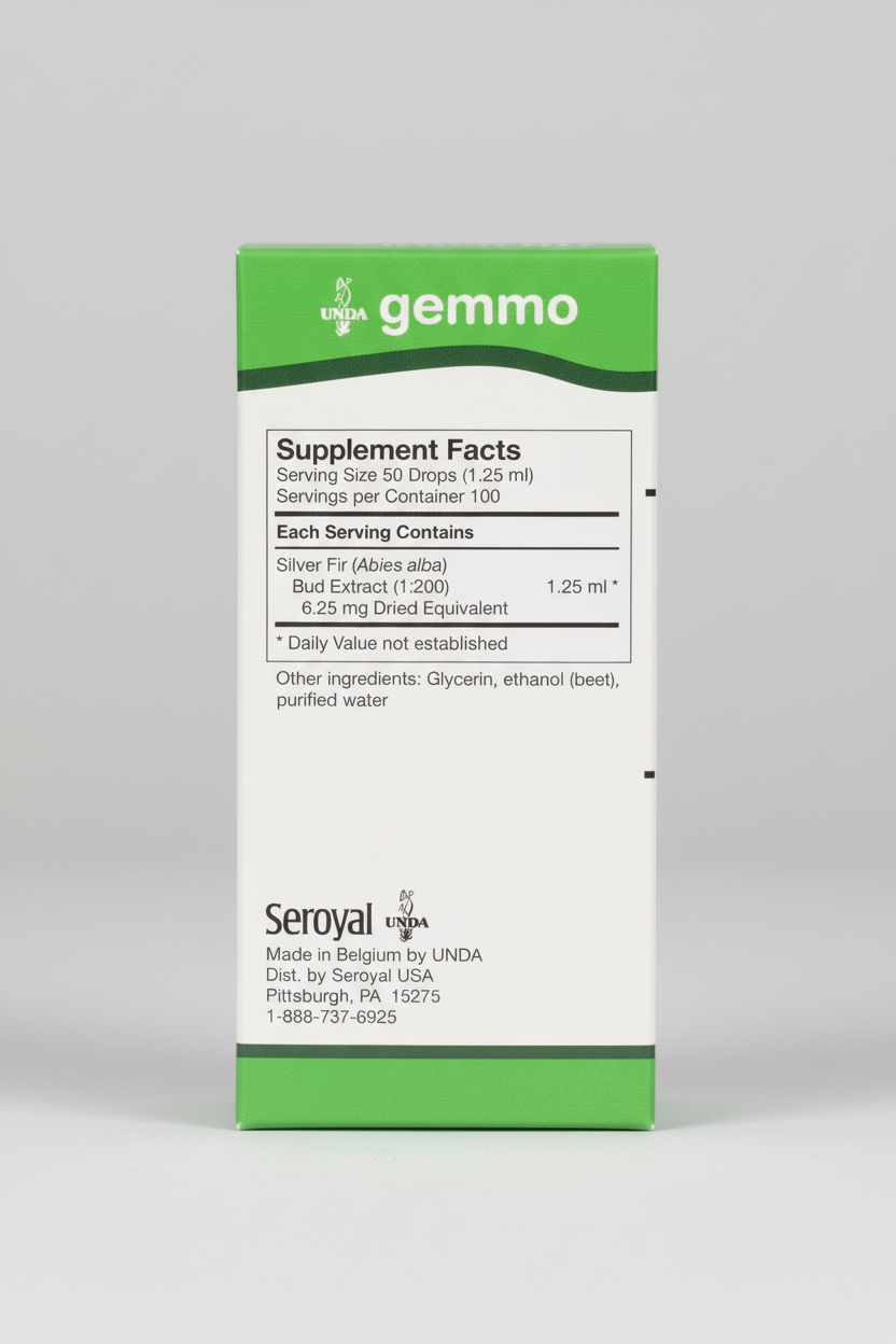 Supplement packaging with UNDA and Seroyal branding on a green and white background