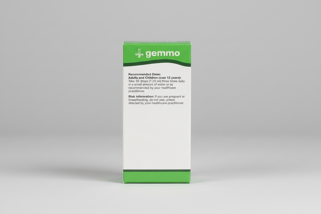 Box of UNDA gemmo with dosing instructions and risk information on a white background