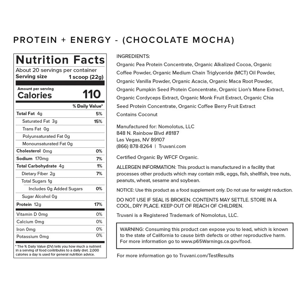 Truvani Chocolate Mocha Protein + Energy 20 Servings