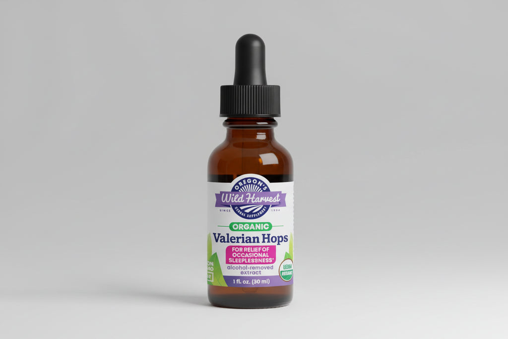 Bottle of Oregon's Wild Harvest Organic Valerian Hops on a white background