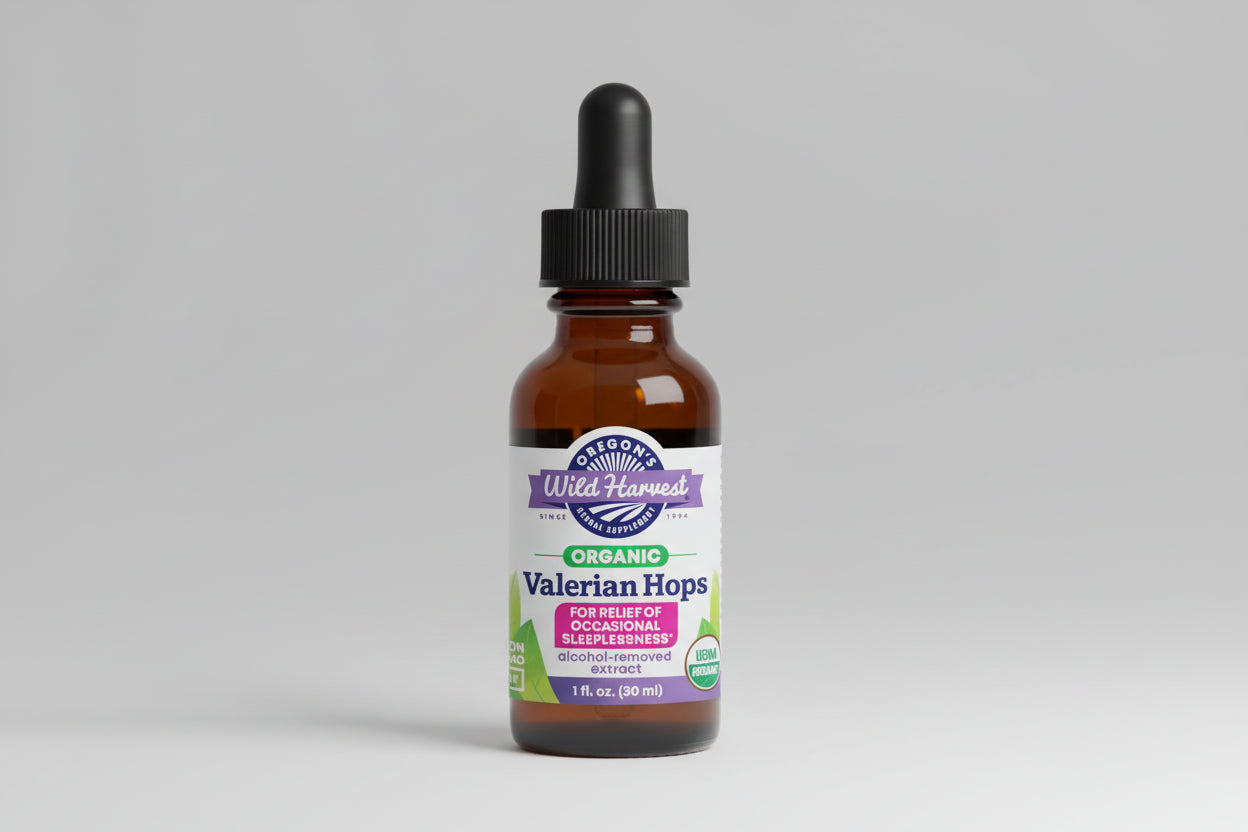 Bottle of Oregon's Wild Harvest Organic Valerian Hops on a white background