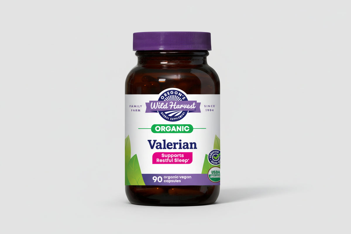 Oregon's Wild Harvest Organic Valerian supplement bottle with purple cap and label.